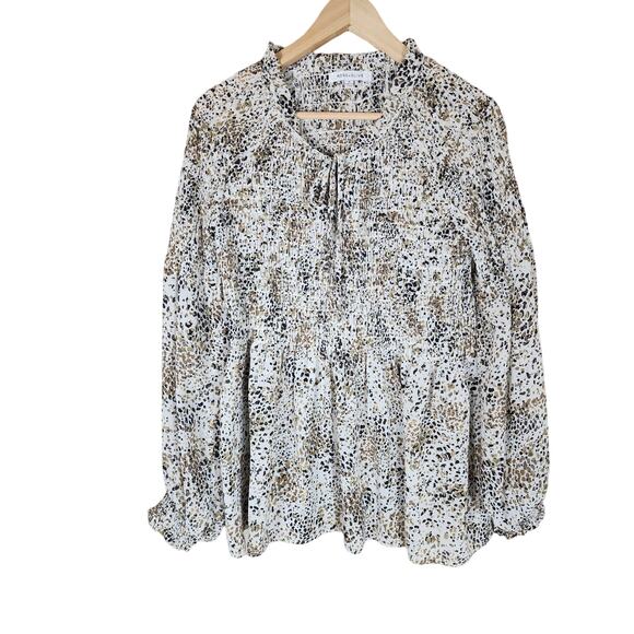 ROSE+ OLIVE Brown Black White Flowy Cheetah Print Bell Sleeve Boho Top SZ M - Picture 1 of 9